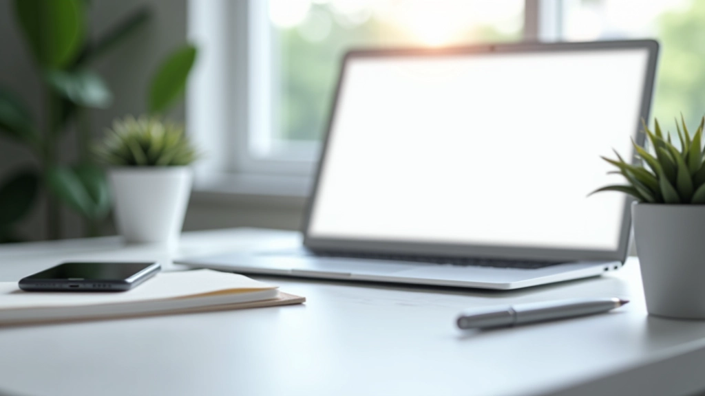 Desk workspace with laptop in focus mode, notifications silenced, minimal visual clutter, bright natural lighting