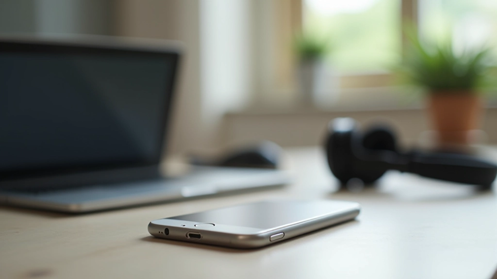 Phone on silent mode next to laptop showing distraction-free workspace