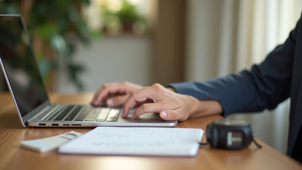 Focused freelancer working at desk with timer and notebook visible
