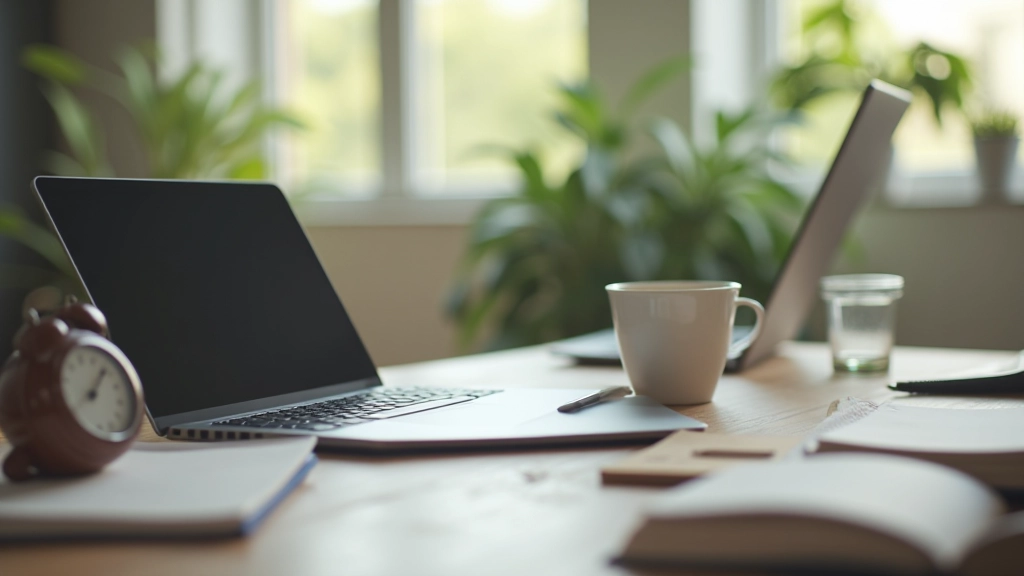 Focused work session, person at desk with timer visible, coffee cup nearby, clean organized workspace